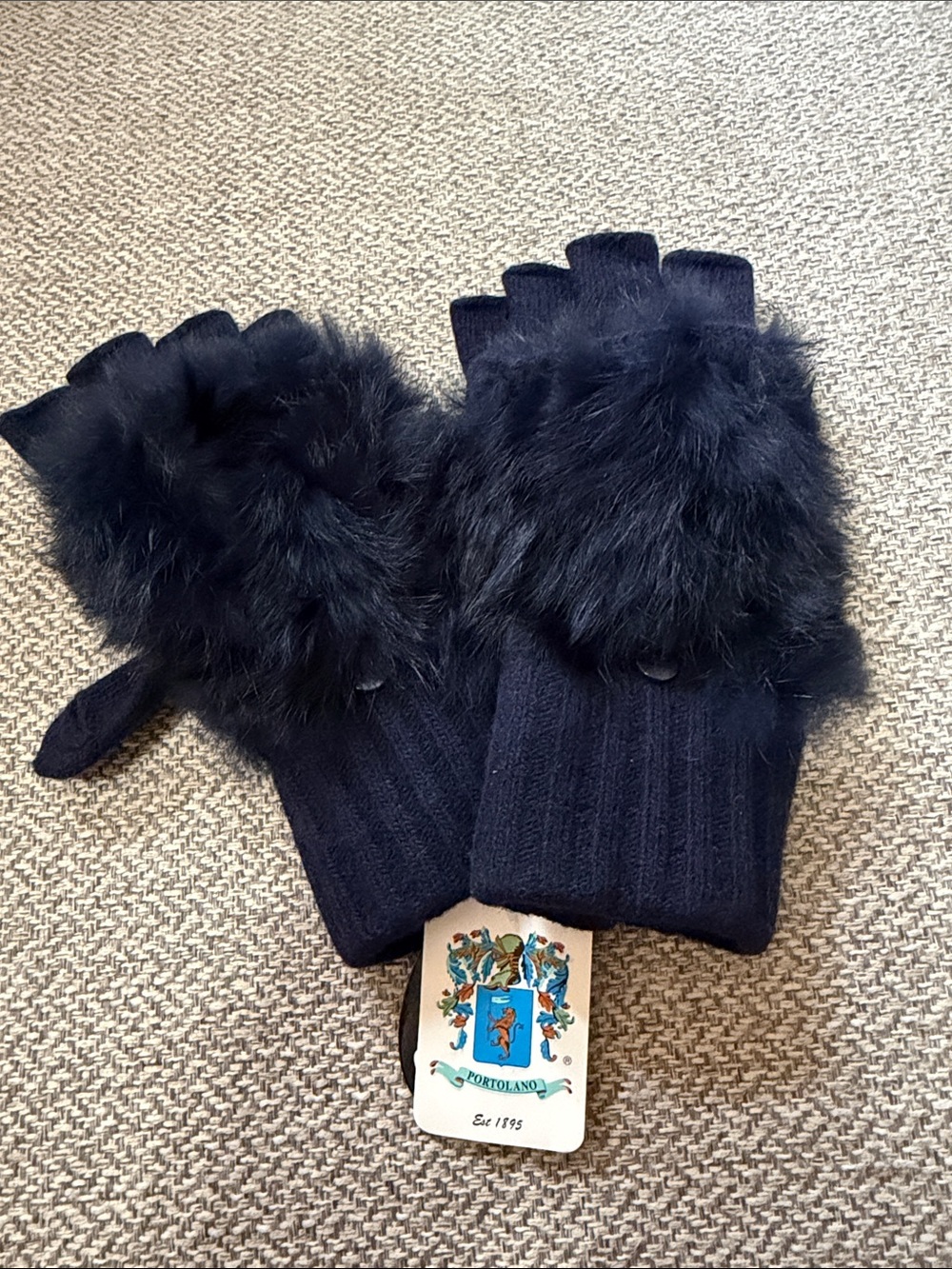Portolano Black Faux Fur Trim Fingerless Gloves